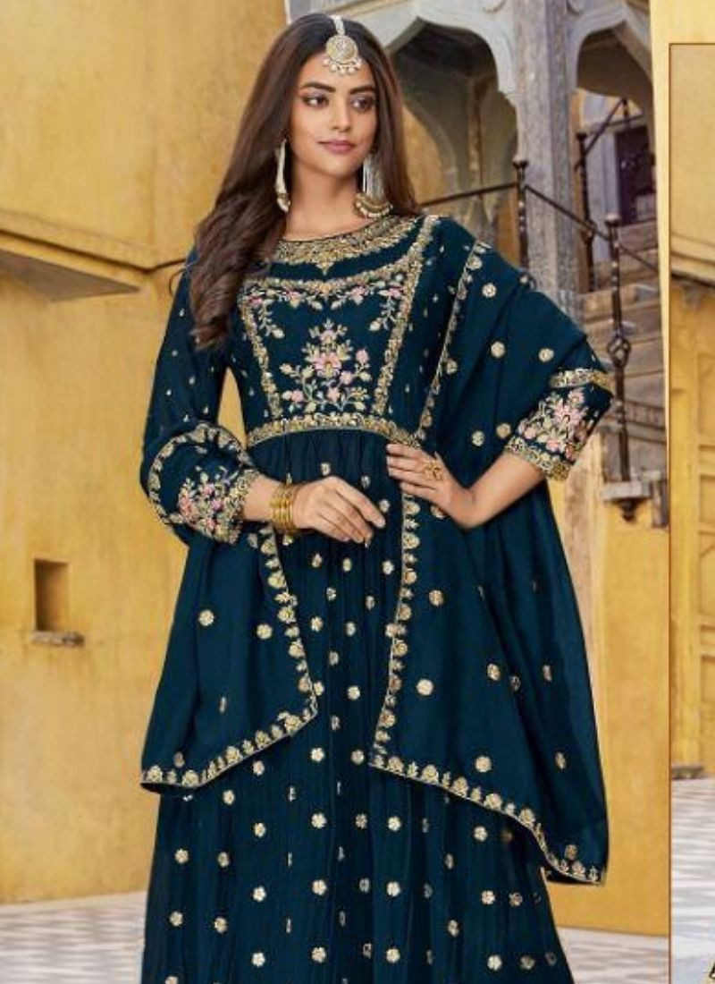 Embroidered Pure Georgette Suit Set in Teal Blue