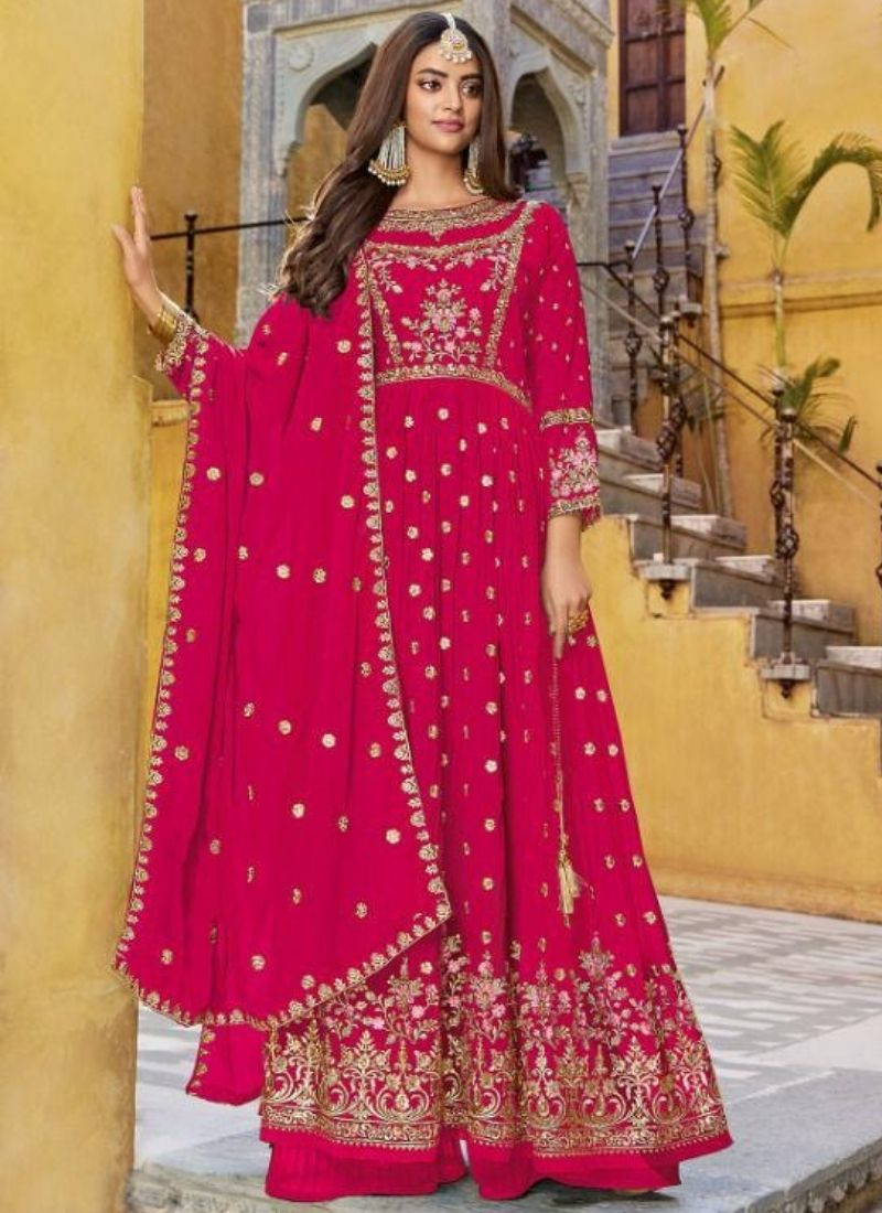Embroidered Pure Georgette Suit Set in Pink