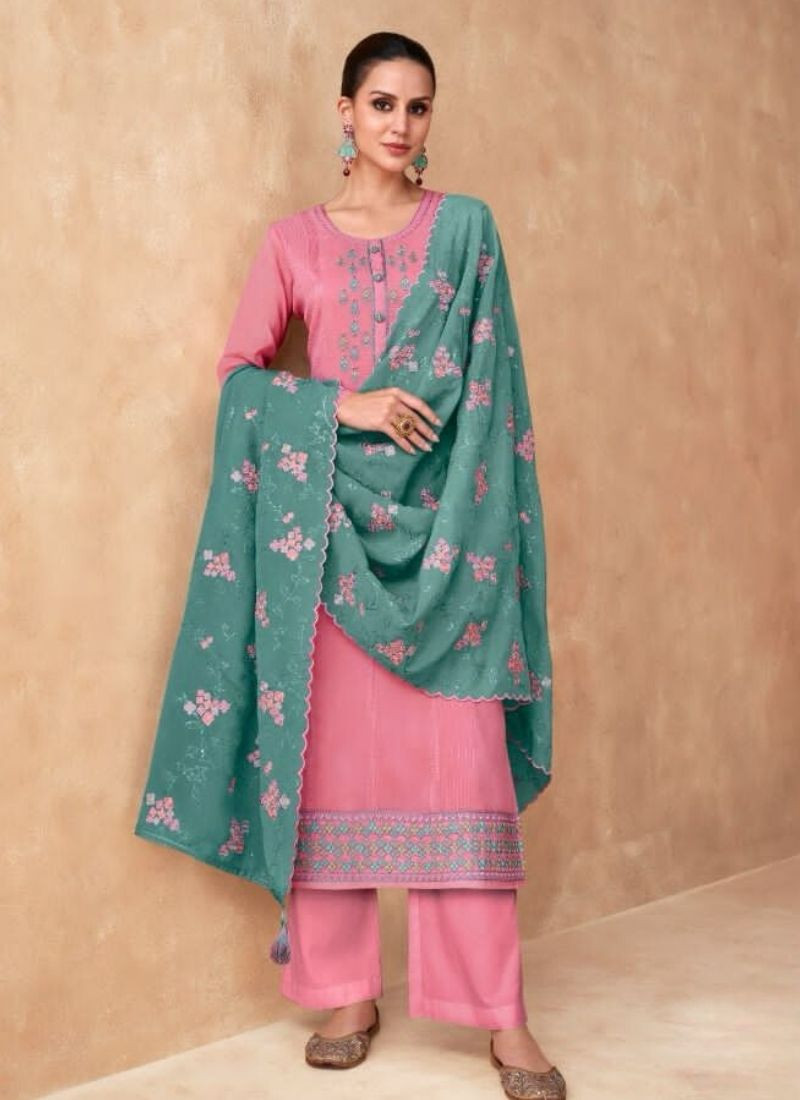 Real Chinon & Georgette Silk Suit(Unstiched) in Pink
