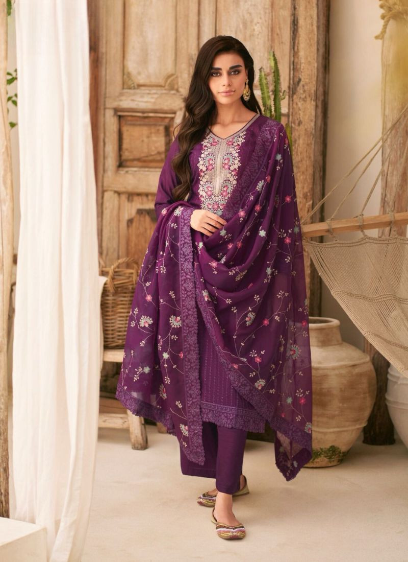 Embroidery Dolla Silk Suit(Unstiched) in Purple