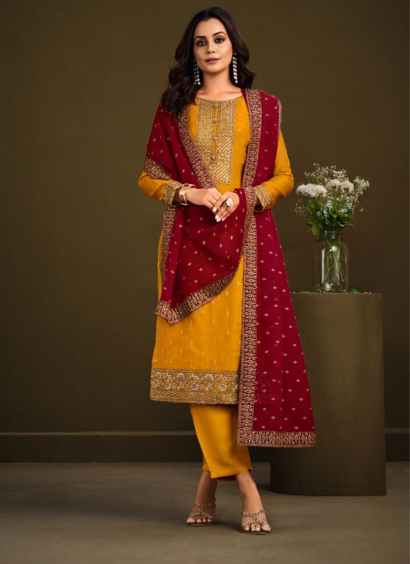 Organza Silk Embroidery Suit Set in Yellow