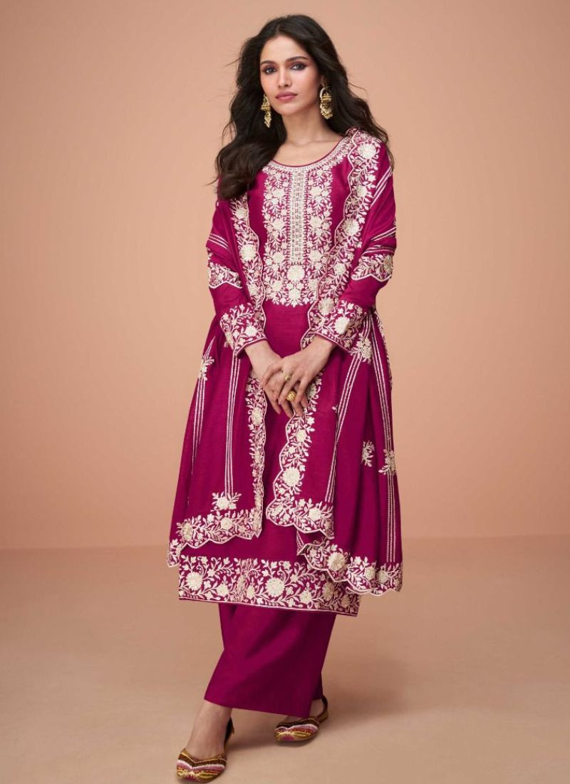 Premium Silk Embroidery Suit Set in Dark Pink