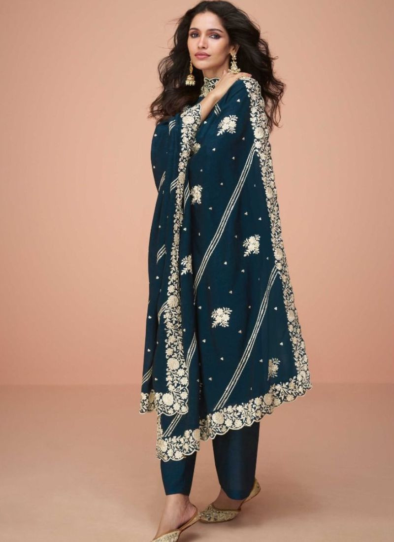 Premium Silk Embroidery Suit Set in Teal Blue