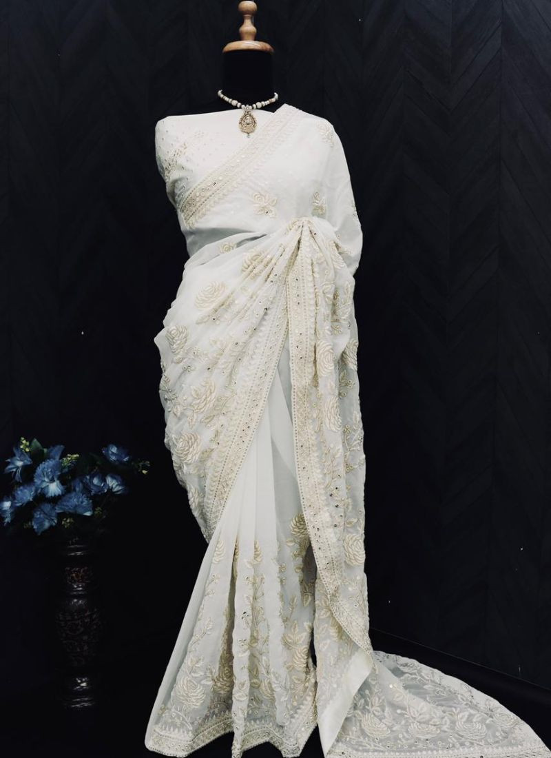 Embroidered Soft Georgette Saree in White