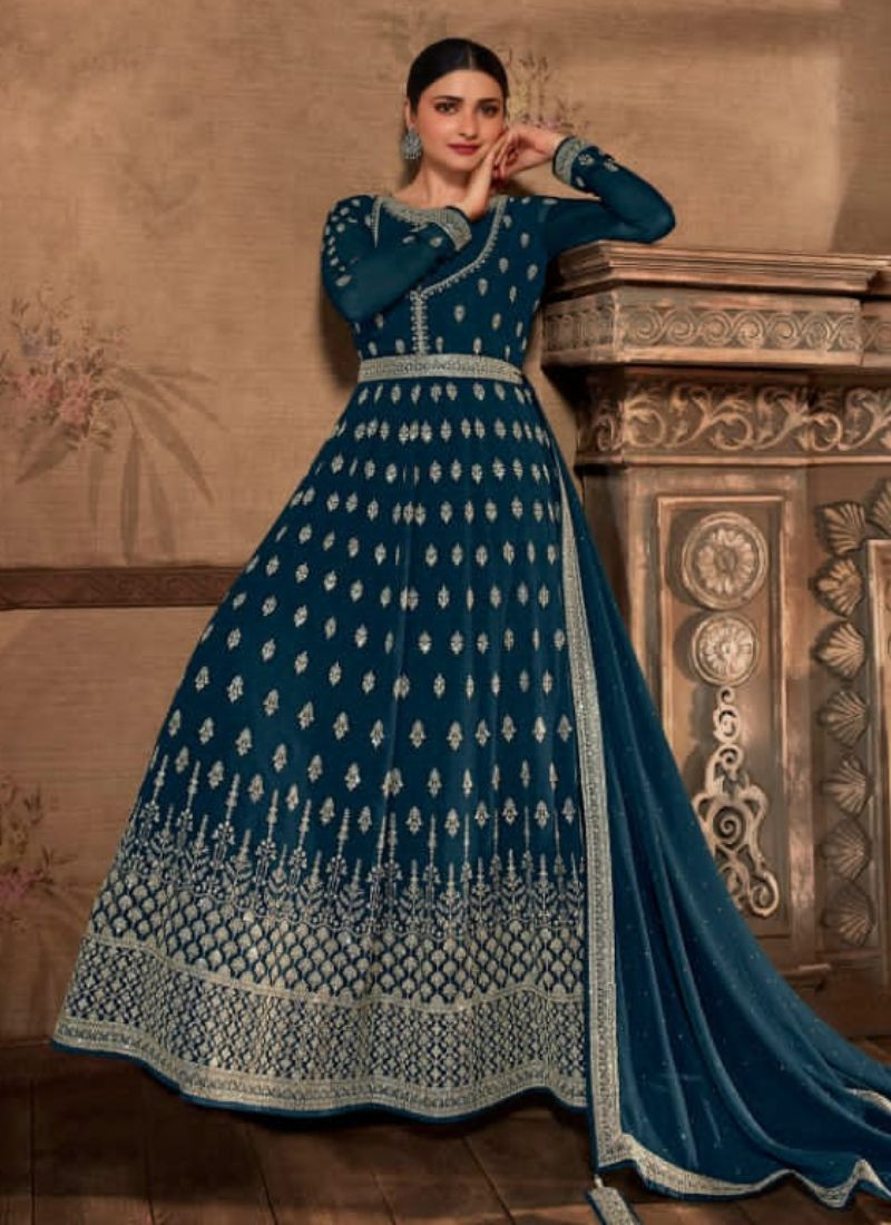 Heavy Embroidered Georgette Gown in Teal Blue
