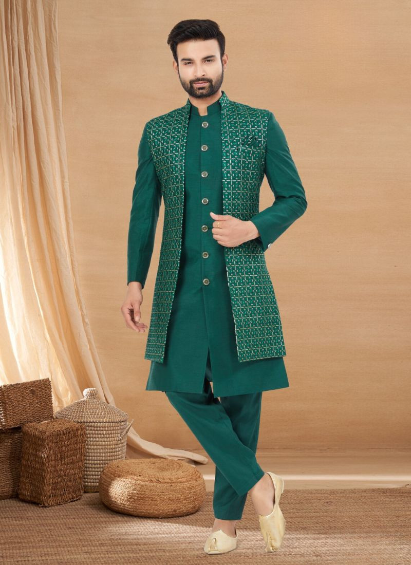 Pure Viscos and Jacquard Indo western Sherwani in Green