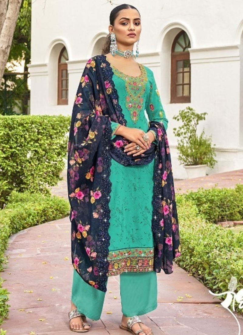 Embroidered Georgette Kurta-Palazzo Set in Sky Blue