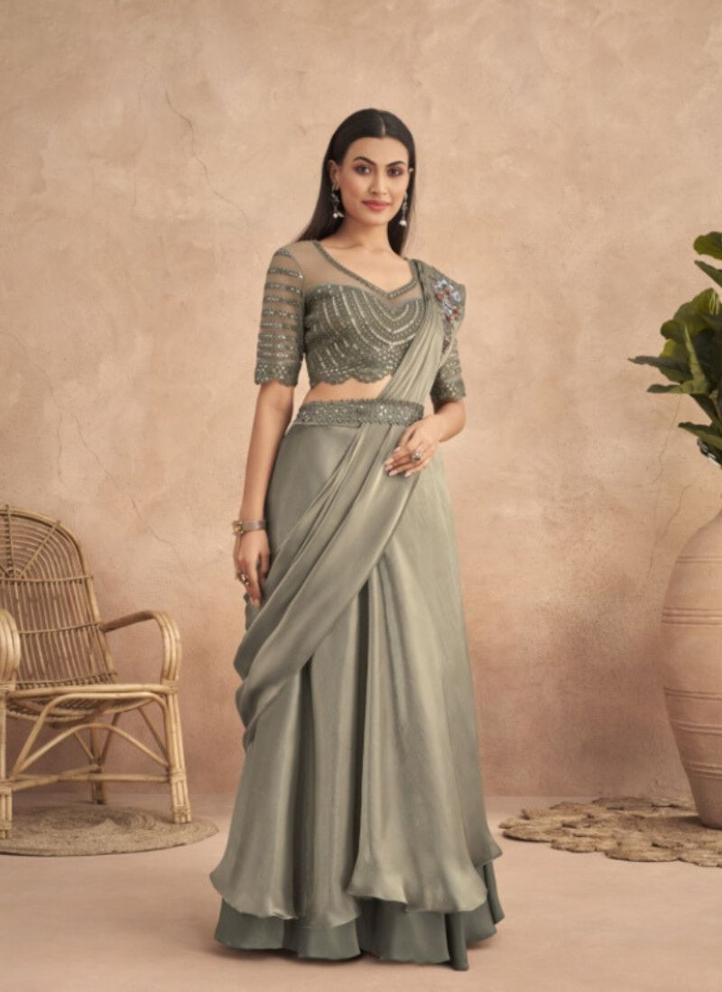 Fancy Saree With Belt In Pastel Green