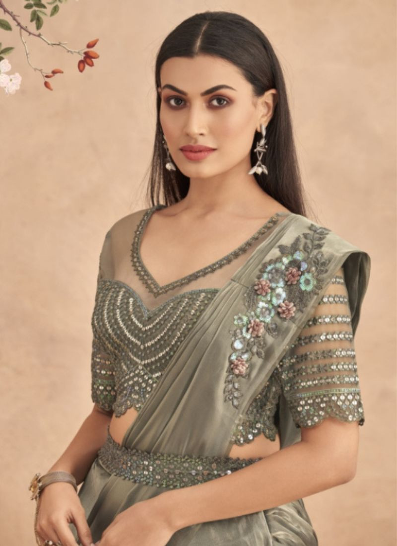 Fancy Saree With Belt In Pastel Green