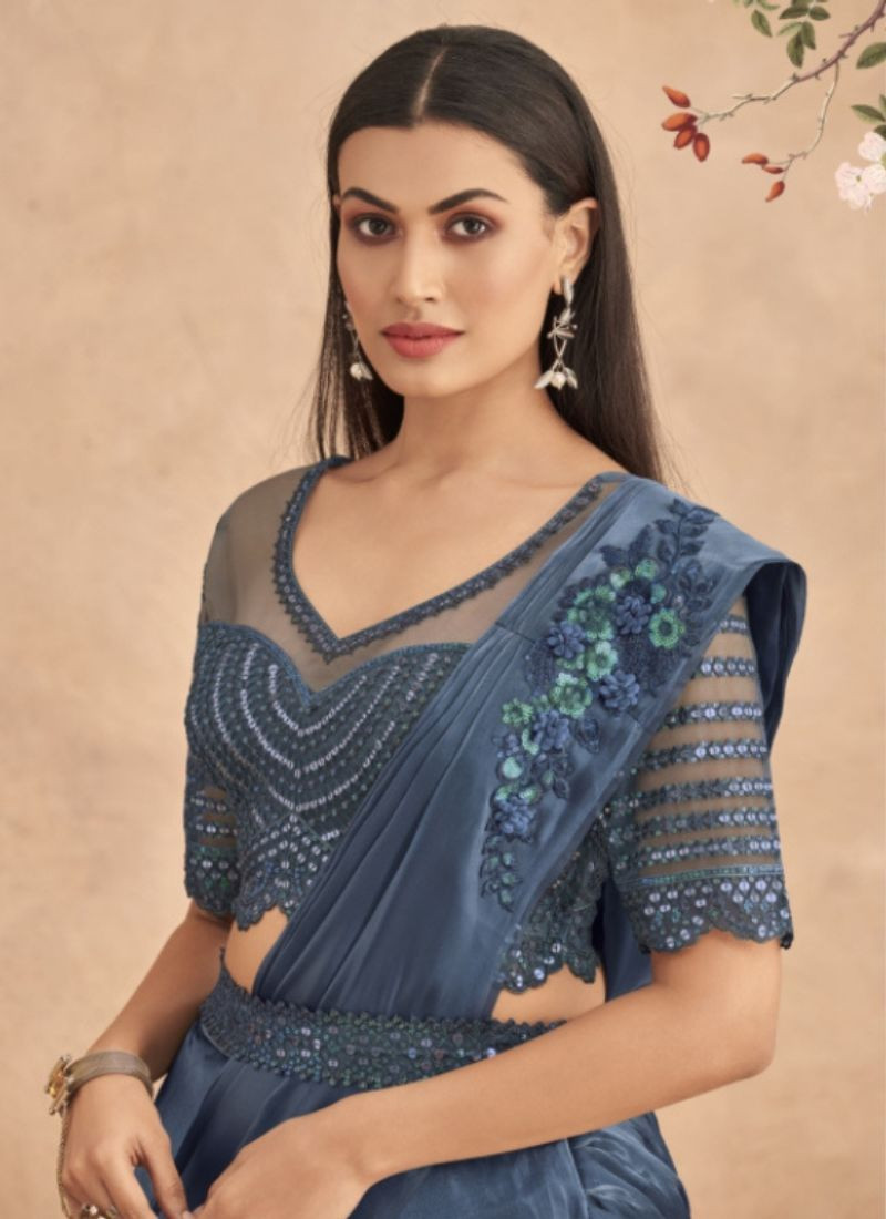 Fancy Saree With Belt In Blue