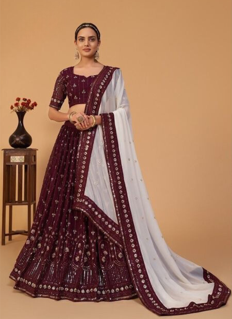 Real Georgette Whine Lehenga With White Blue Dupatta
