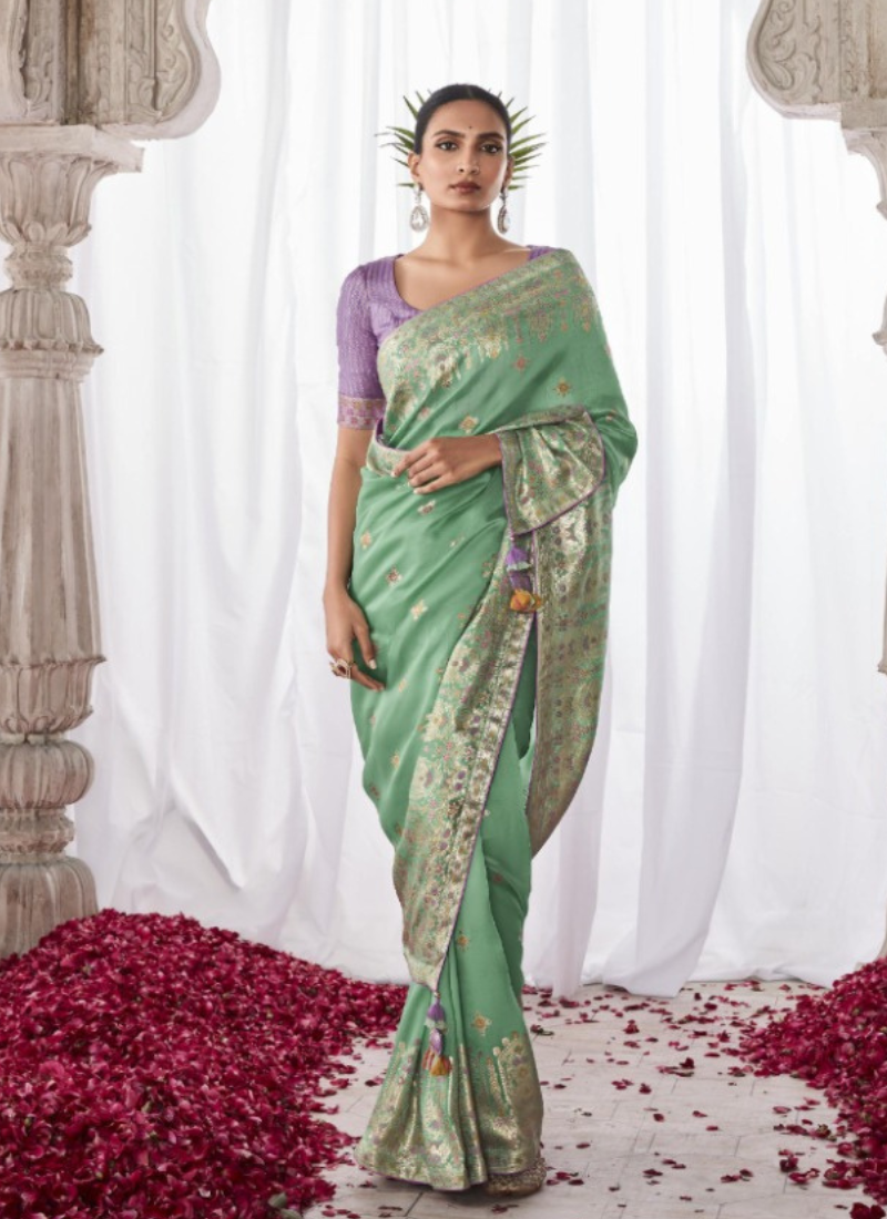 Kora Silk Saree In Pastel Green
