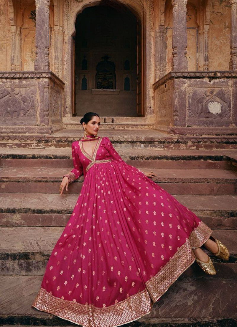 Pure Jacquard Silk Gown In Pink