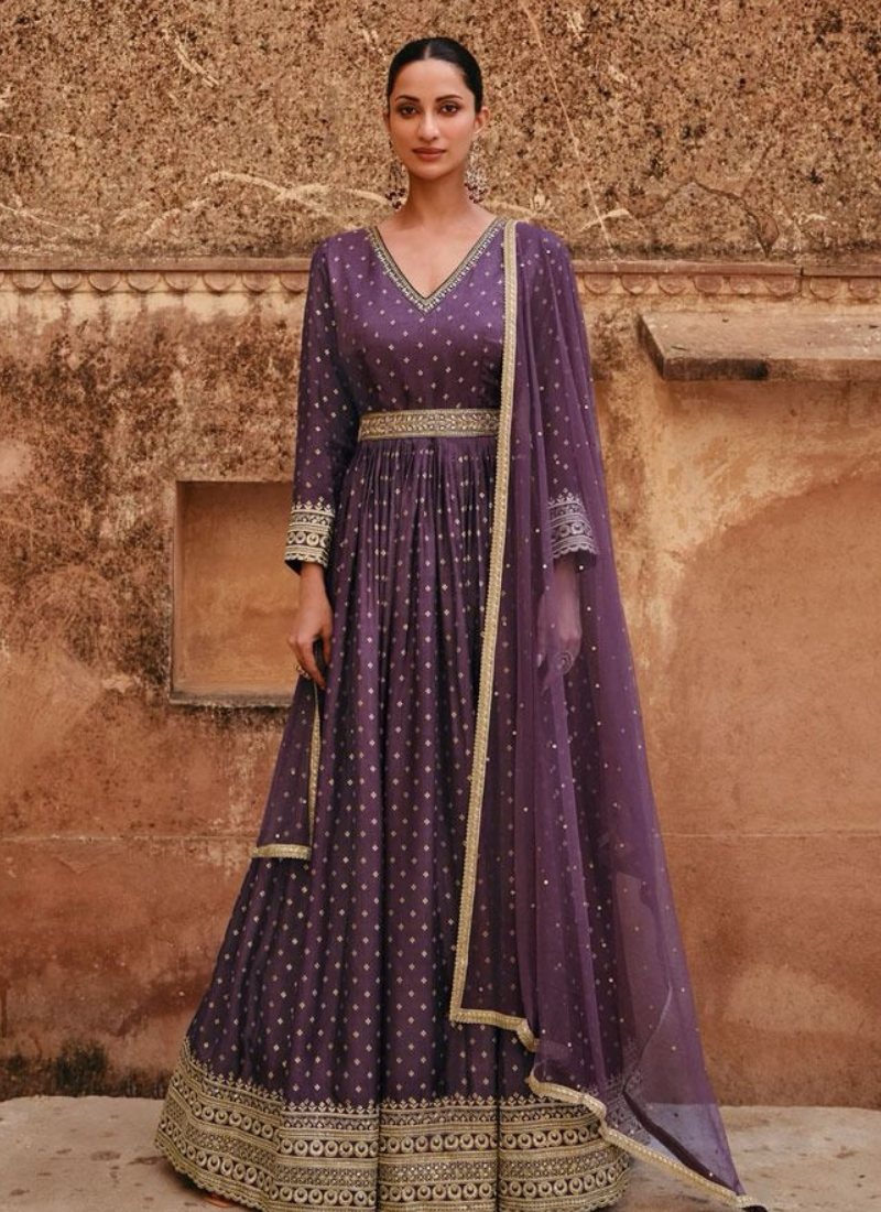 Pure Jacquard Silk Gown In Purple