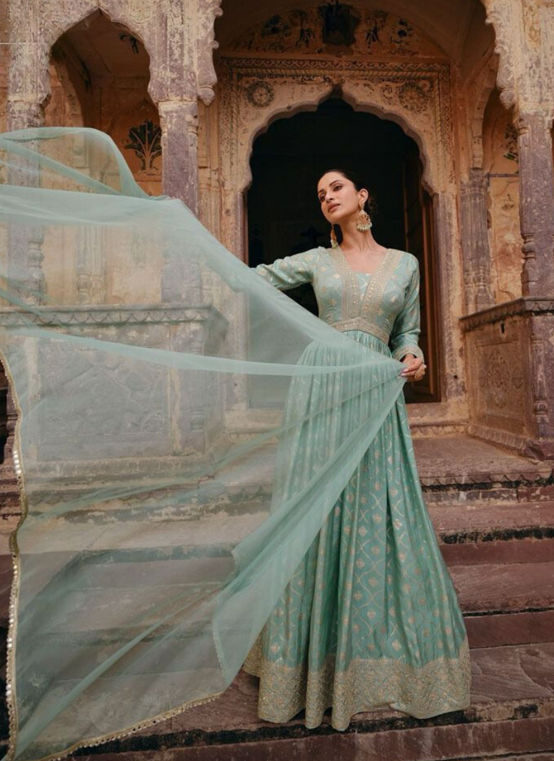 Pure Jacquard Silk Gown In Sky Blue