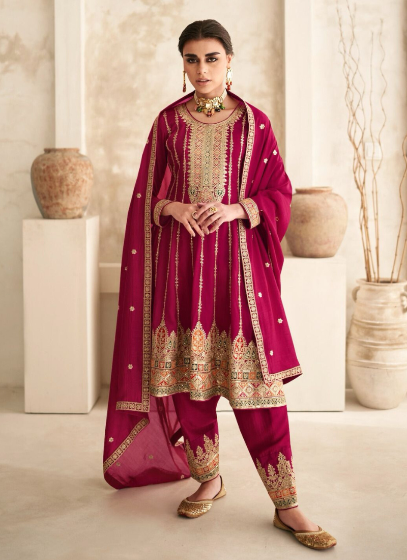 Designer Silk Anarkali Suit In Dark Pink