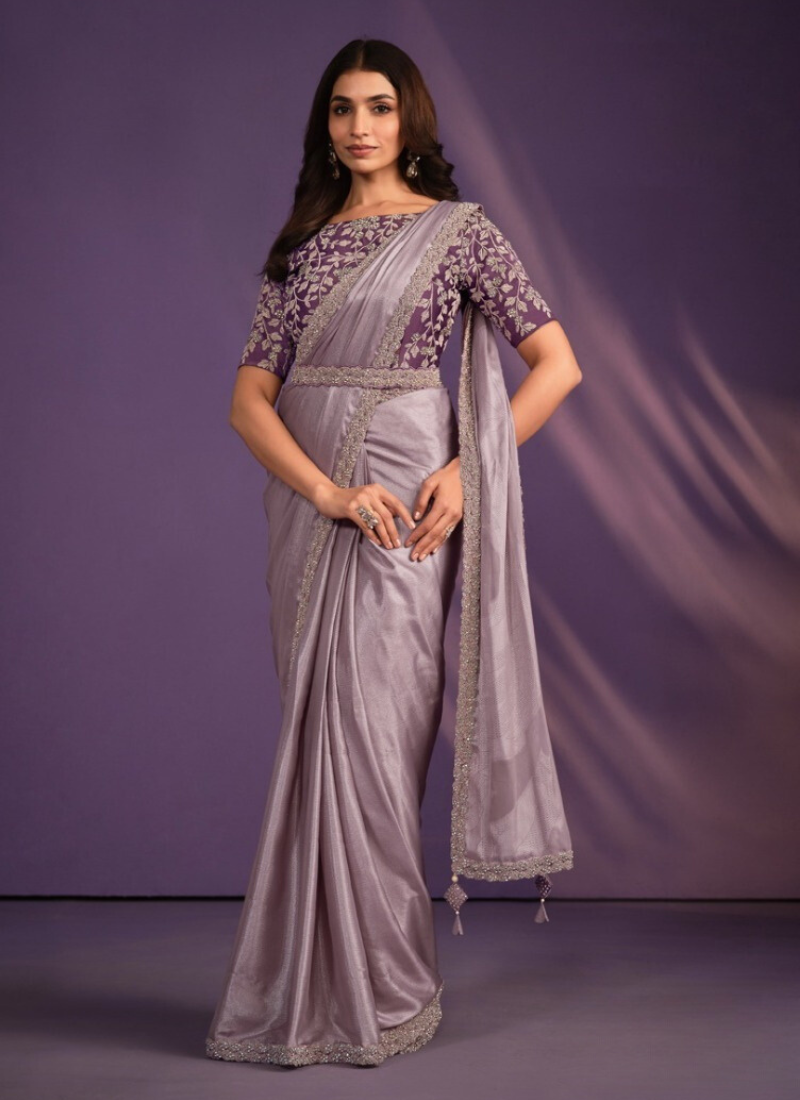 Crepe Satin Silk Ready To Wear Saree In Lavender