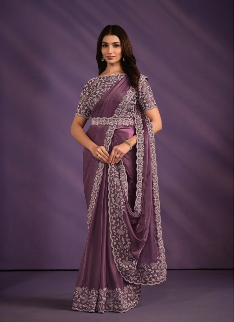 Crepe Satin Silk Ready To Wear Saree In Purple