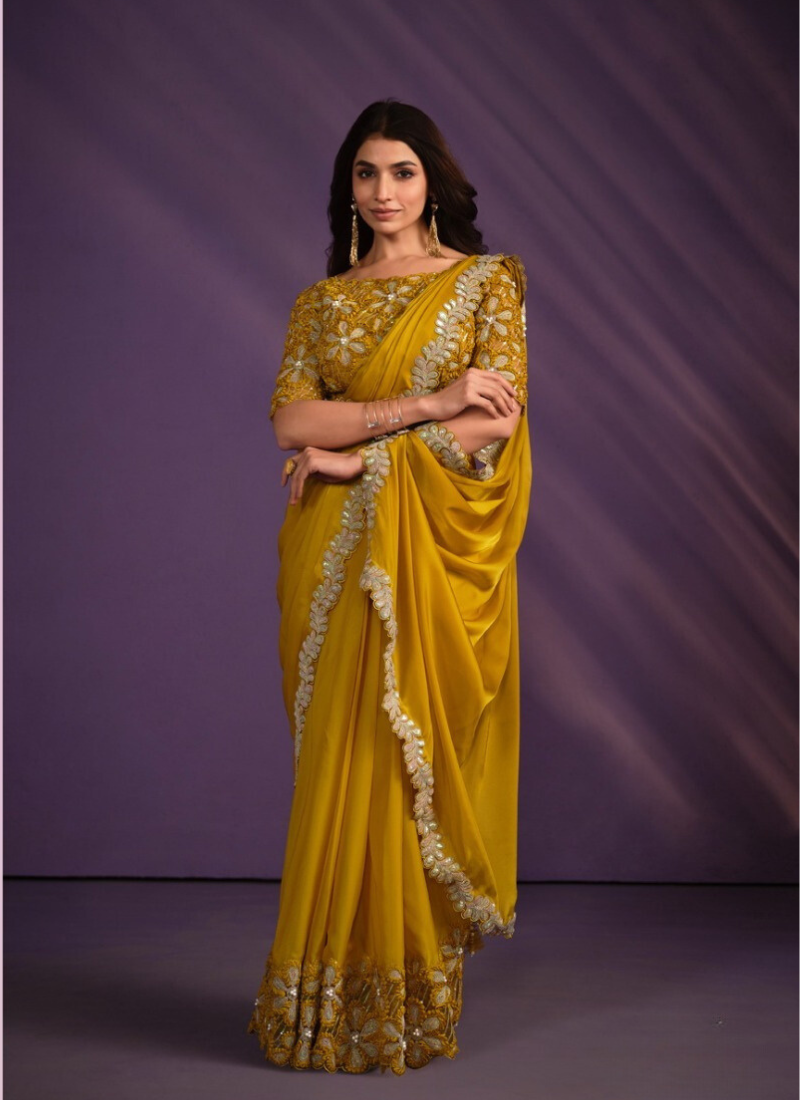 Crepe Satin Silk Ready To Wear Saree In Yellow