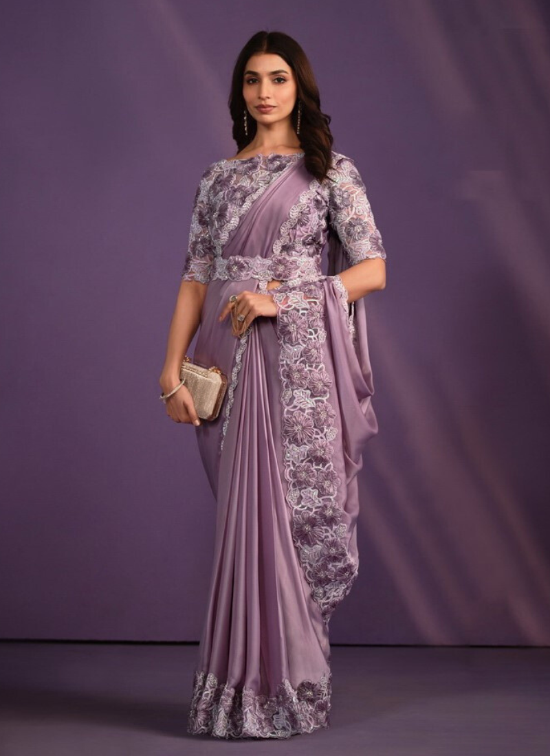 Crepe Satin Silk Ready To Wear Saree In Light Purple