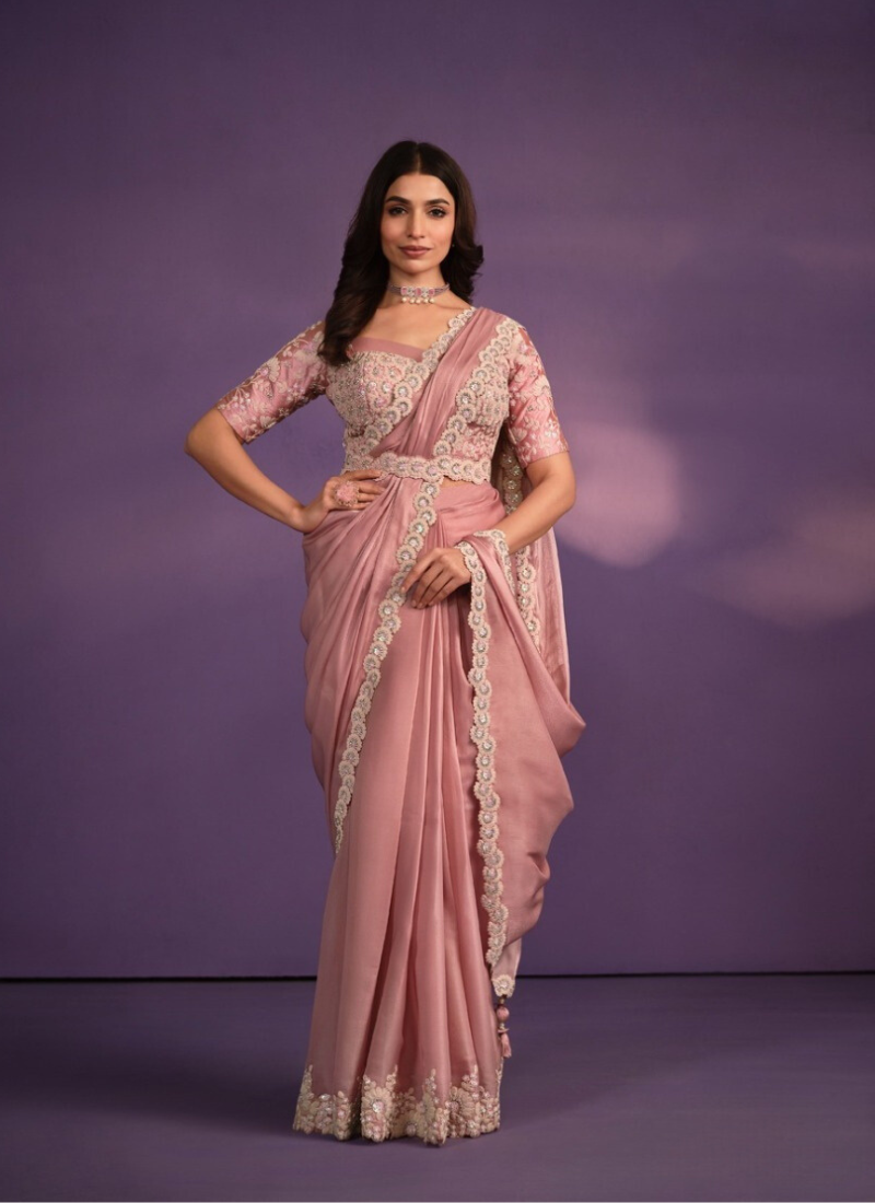 Crepe Satin Silk Ready To Wear Saree In Pink
