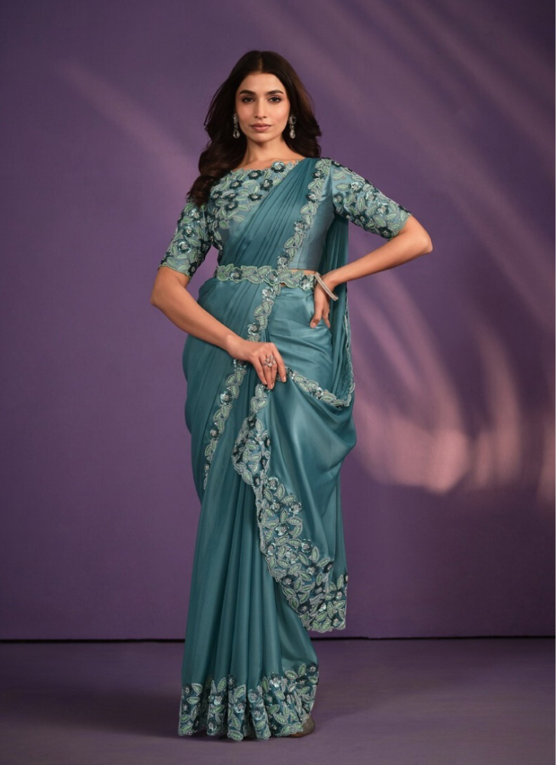 Crepe Satin Silk Ready To Wear Saree In Turquoise