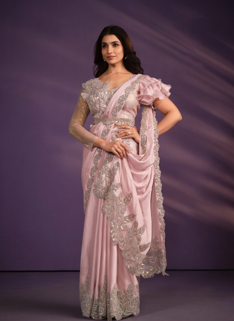Crepe Satin Silk Ready To Wear Saree In Baby Pink