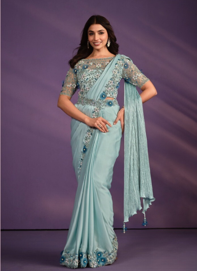 Crepe Satin Silk Ready To Wear Saree In Sky Blue