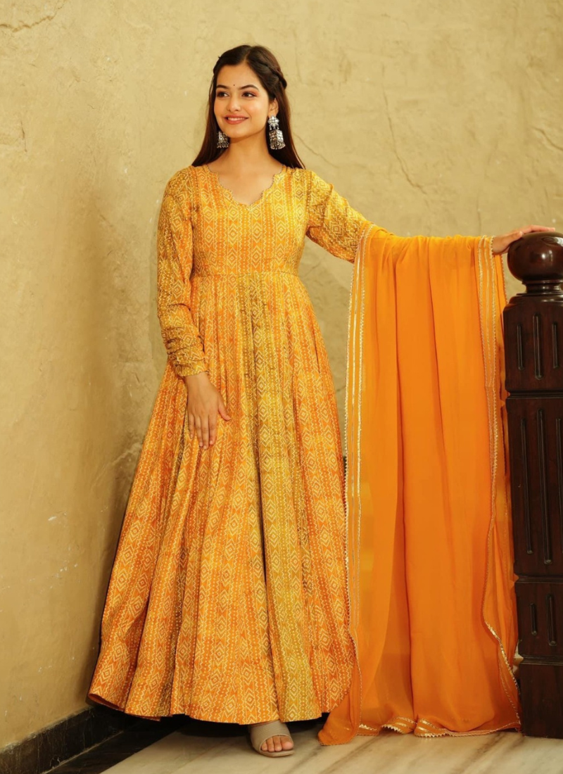 Crape Anarkali Gown In Yellow