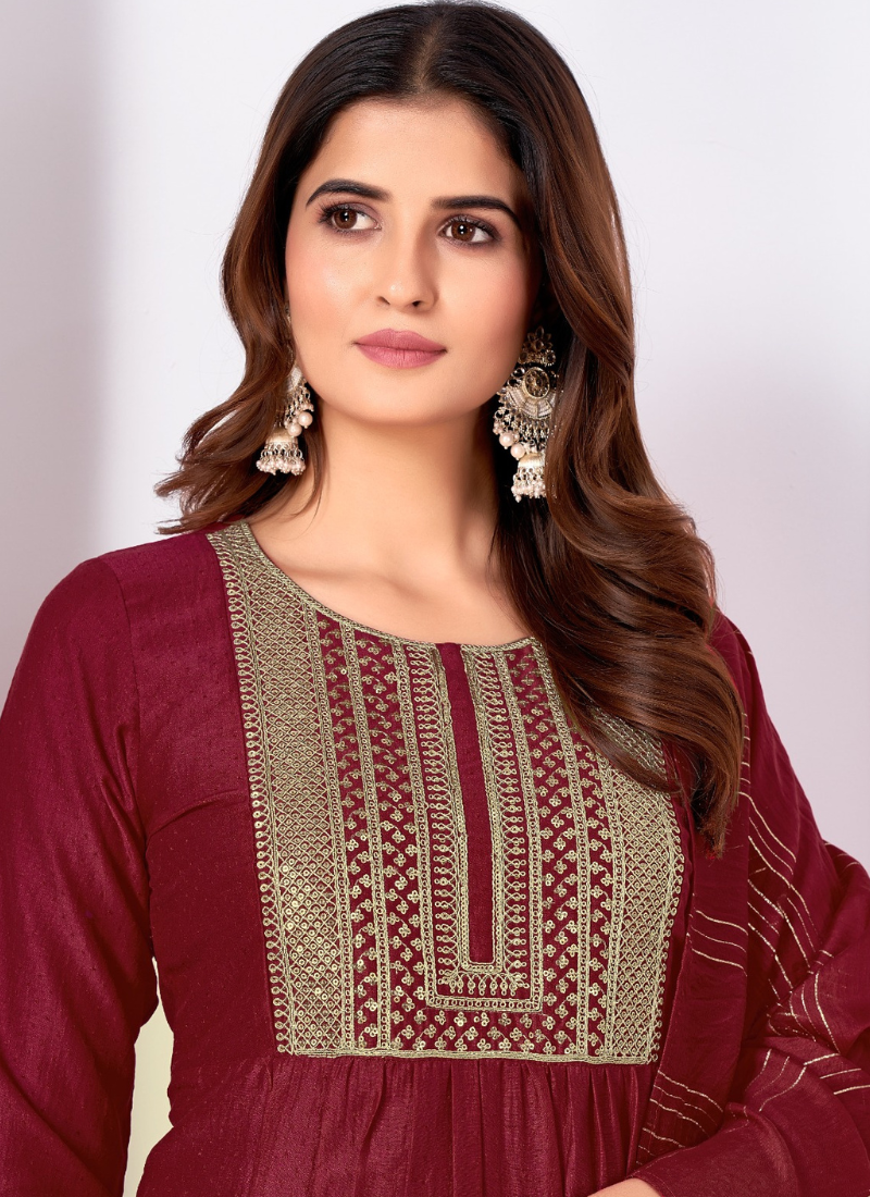 Vertical Silk Heavy sequence embroidery Suit Set In Maroon