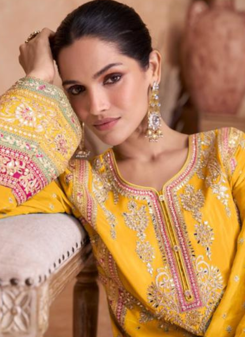 Designer Real Chinon Plazo Suit In Yellow