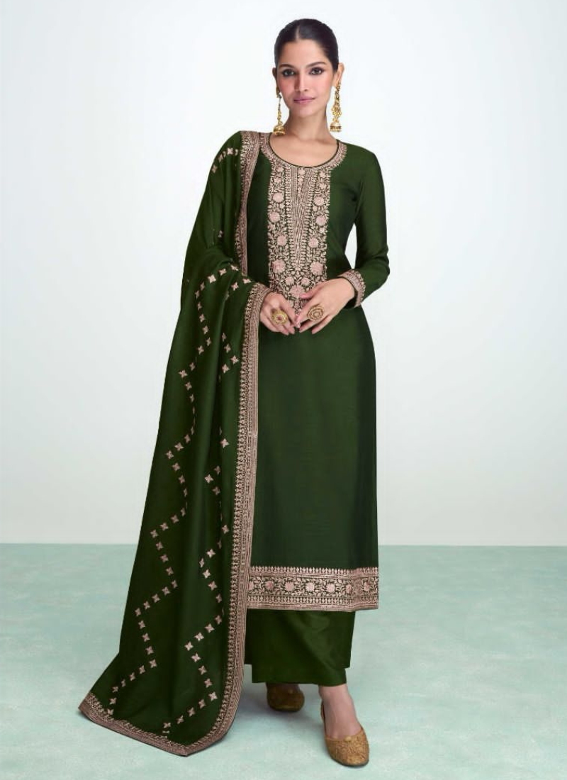 Designer Premium Silk Plazo Suit In Dark Green