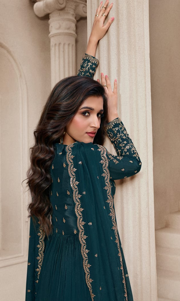 Pure Chinon Anarkali Suit In Teal Blue