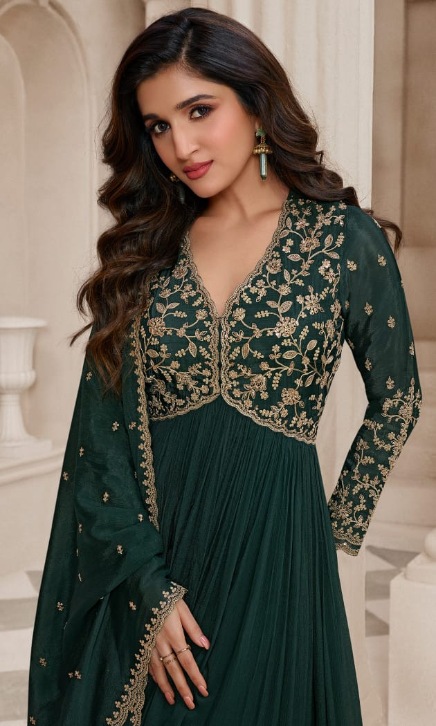 Pure Chinon Anarkali Suit In Green