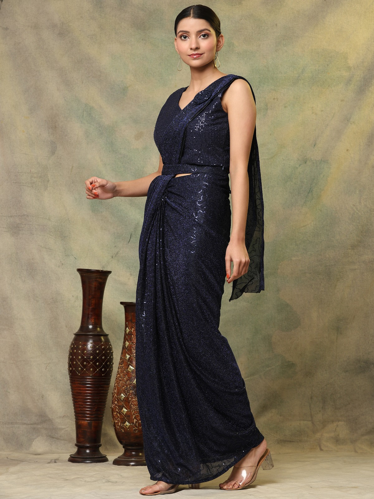 Sequins Ready To Wear Saree In Navy Blue