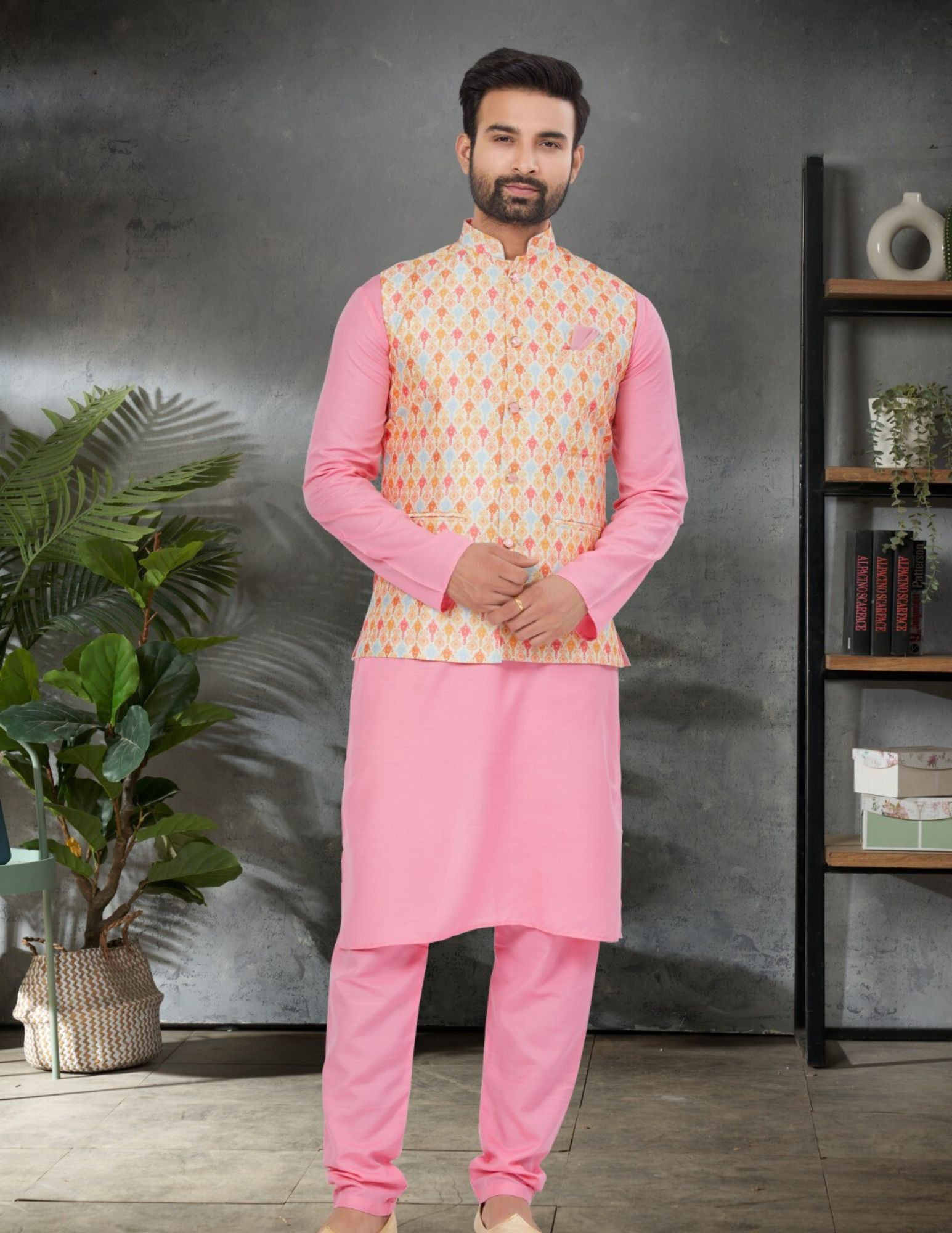 Kurta Pajama With Silk Jacket In In Light Pink