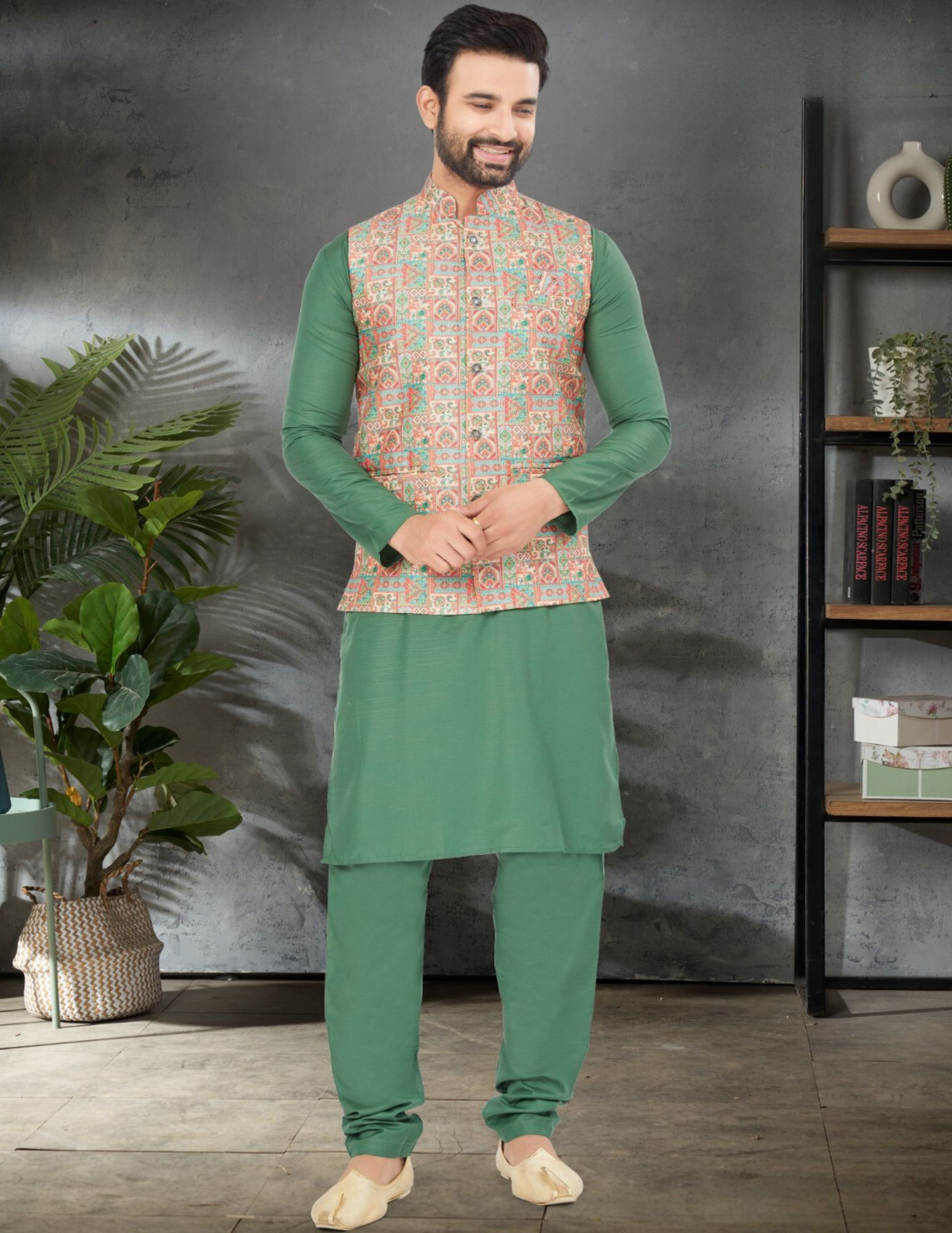 Kurta Pajama With Silk Jacket In Green