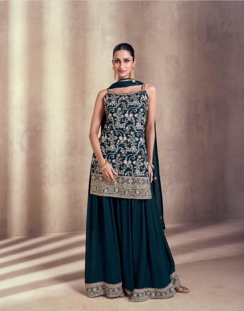 Designer Chinon Silk Sharara Set In Teal Green