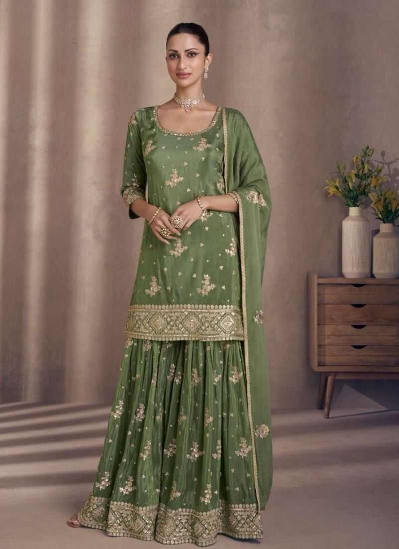 Designer Pure Silk Sharara Set In Green