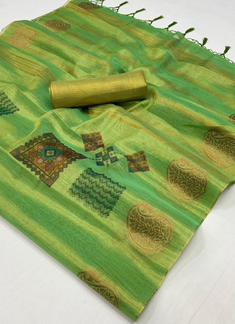 Designer Hand Wooven Silk Saree In Green