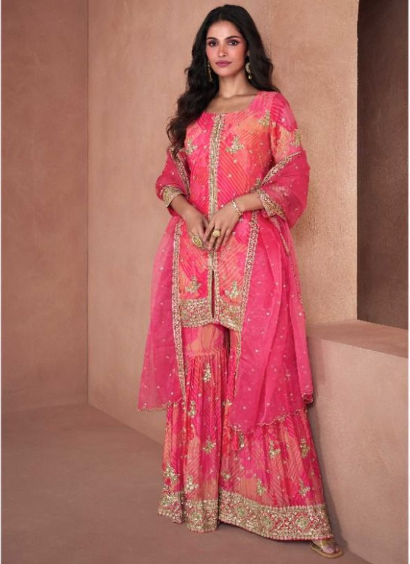 Designer Real Georgette Plazo Suit In Bright Pink