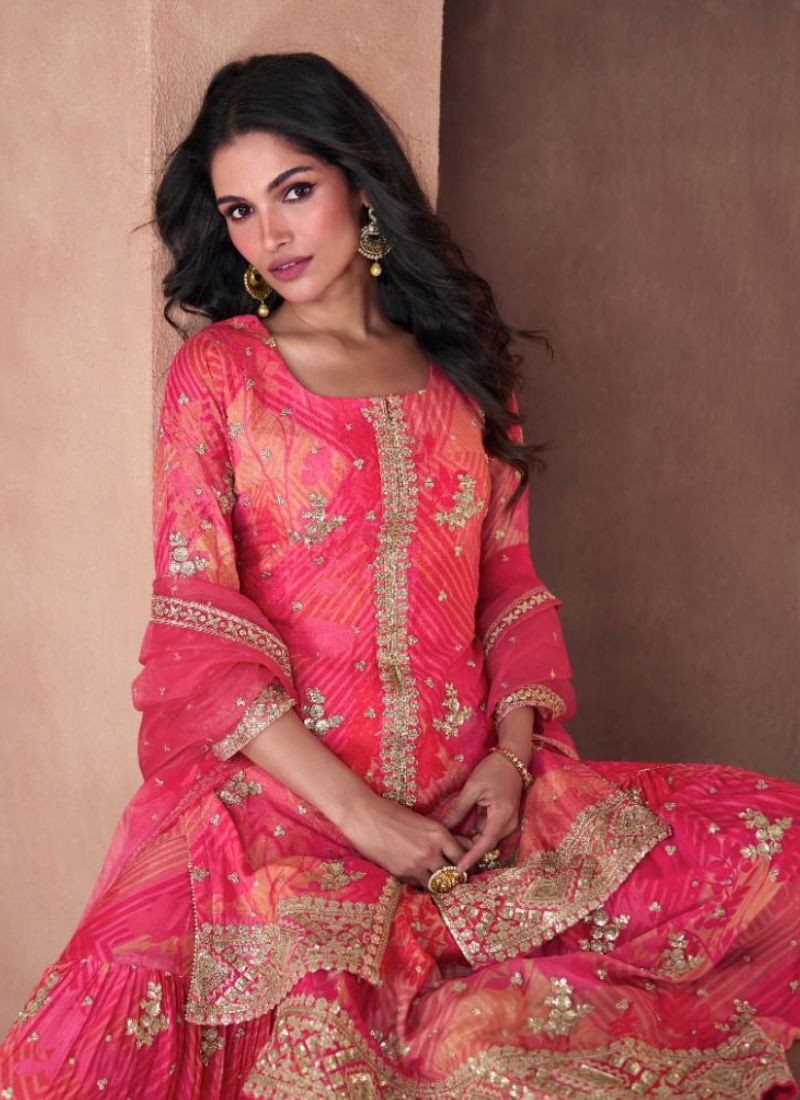 Designer Real Georgette Plazo Suit In Bright Pink