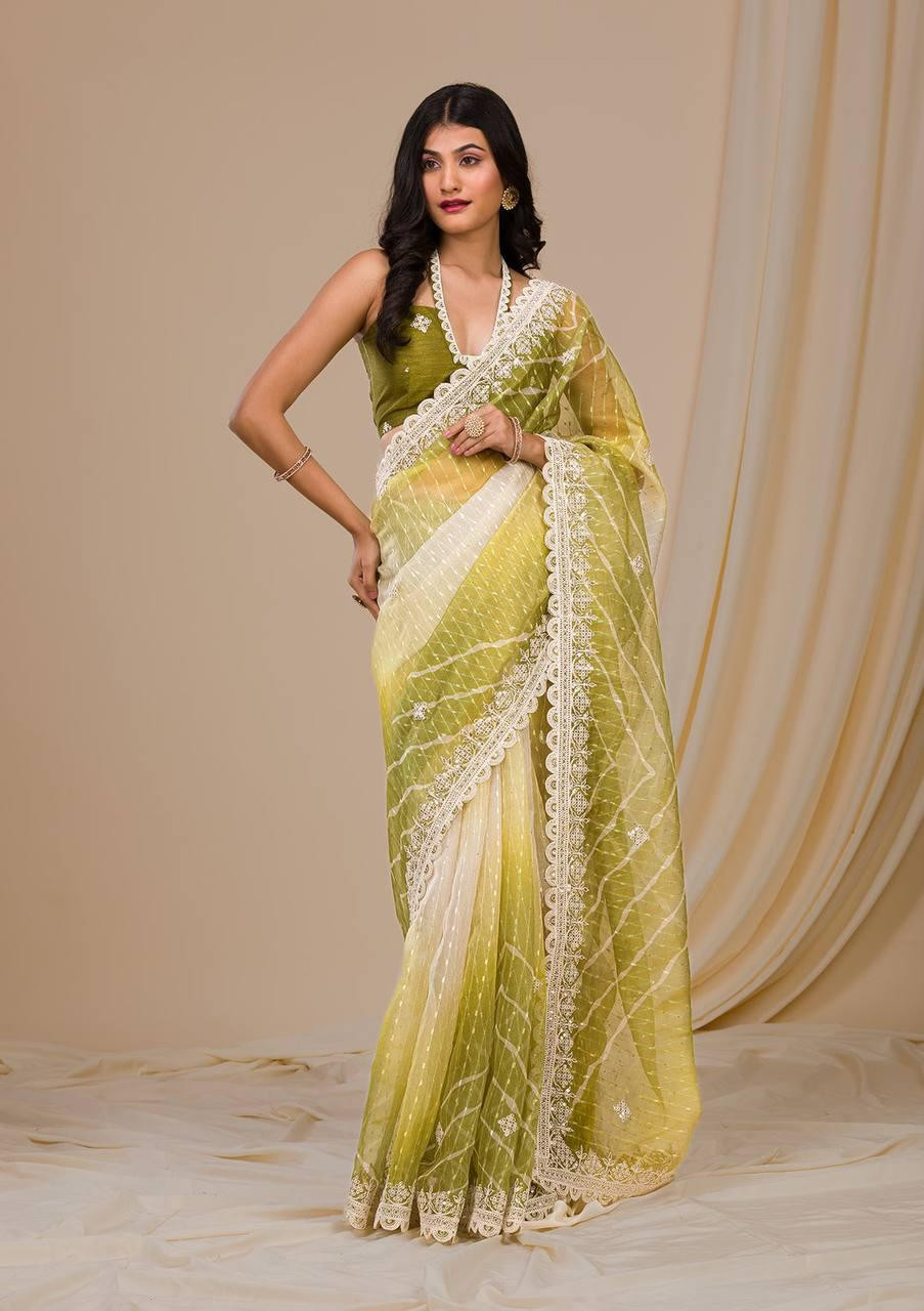Beautiful Georgette Saree In Green And White