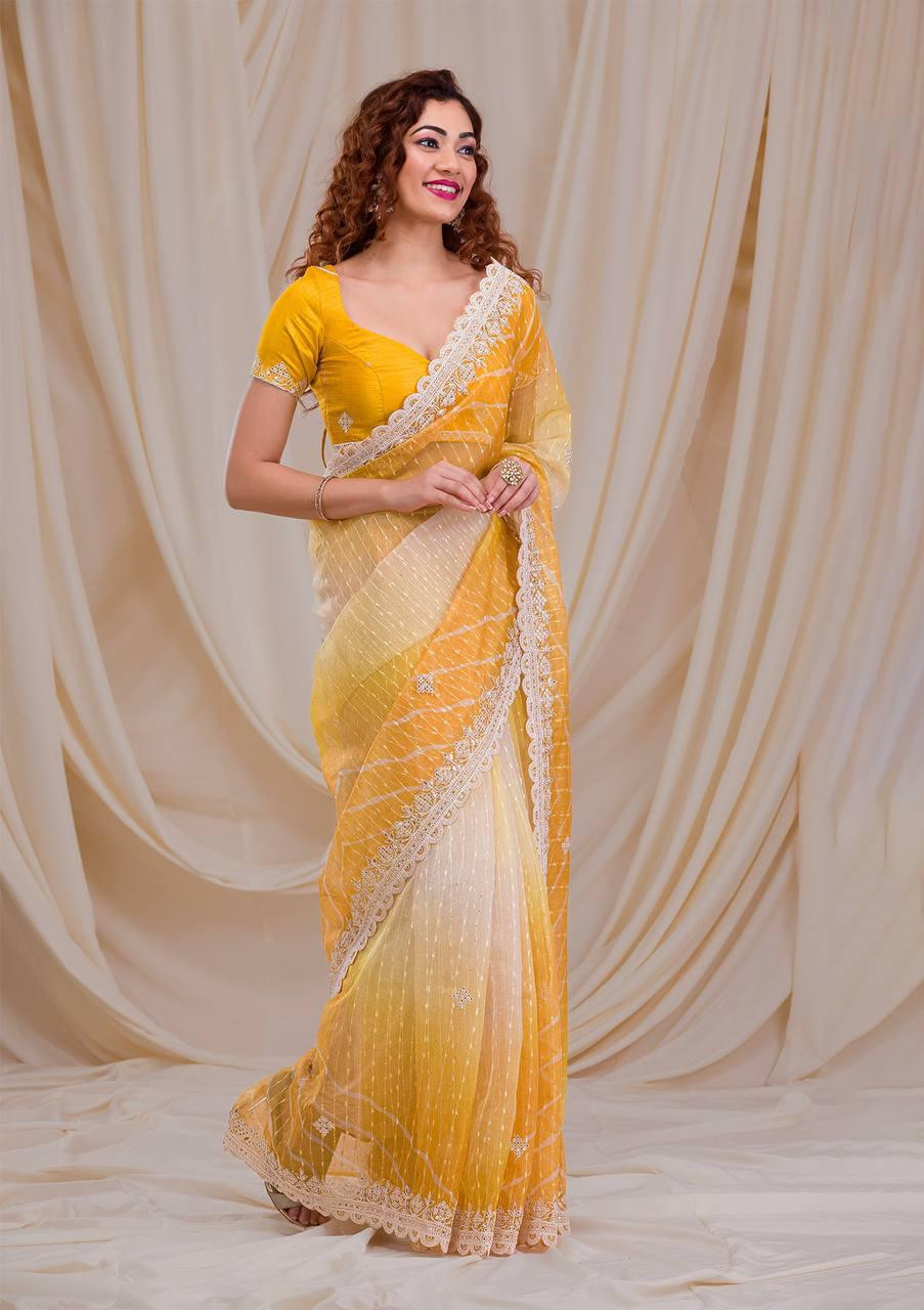 Beautiful Georgette Saree In Yellow And White