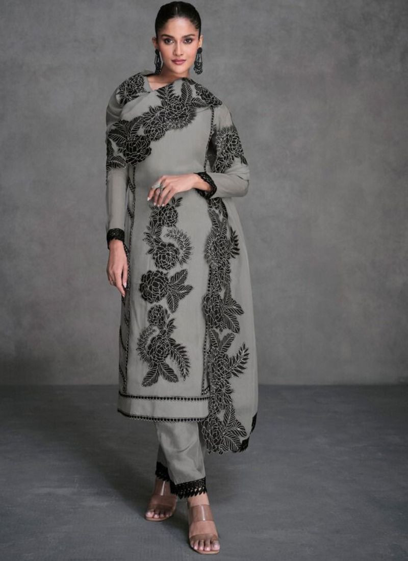 Designer Organza Silk Pant Suit In Grey