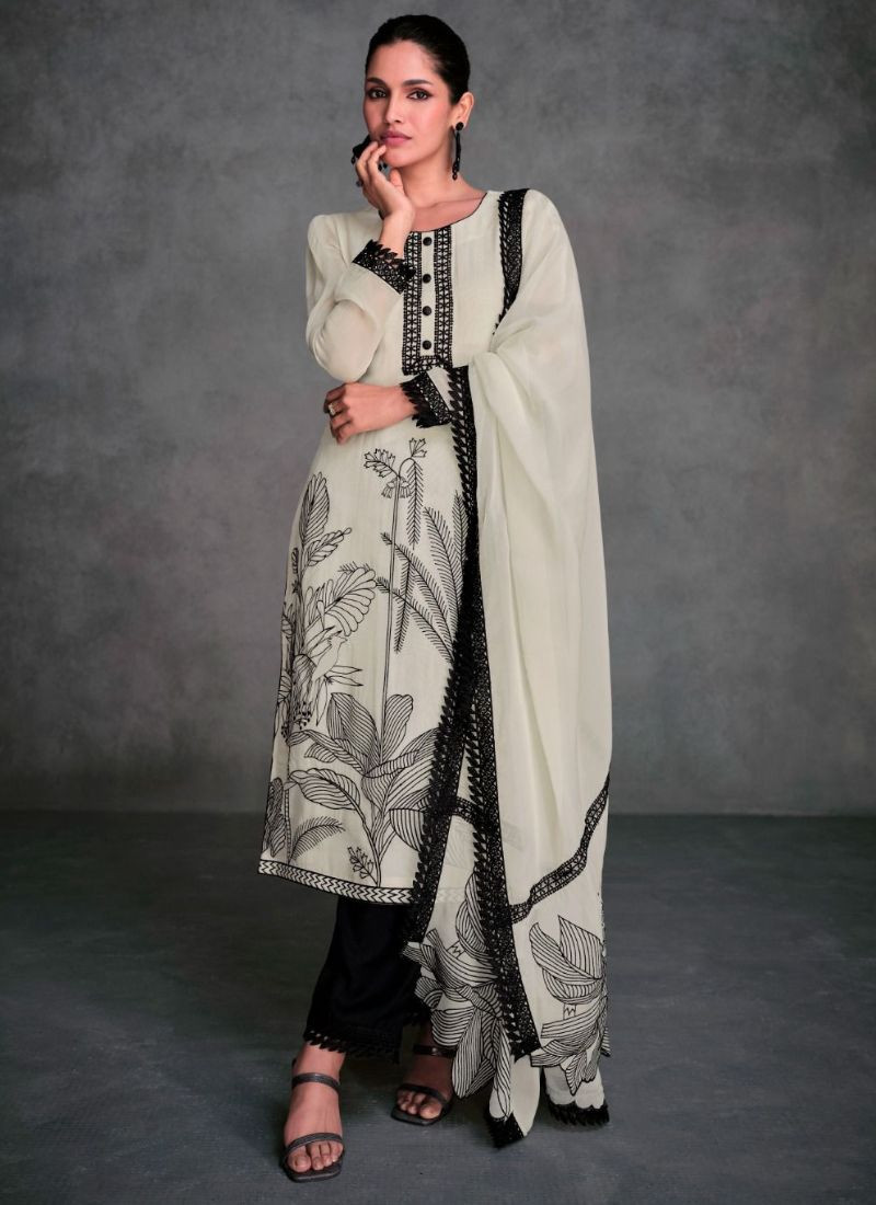 Designer Organza Silk Pant Suit In Off White