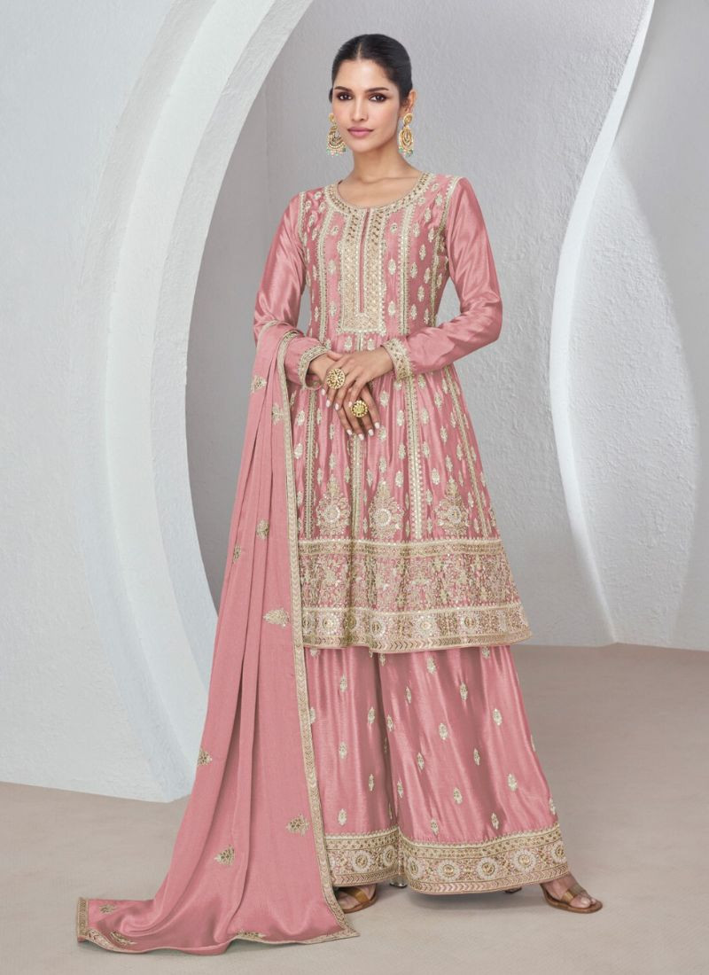 Designer Chinon Silk Sharara Set In Light Pink