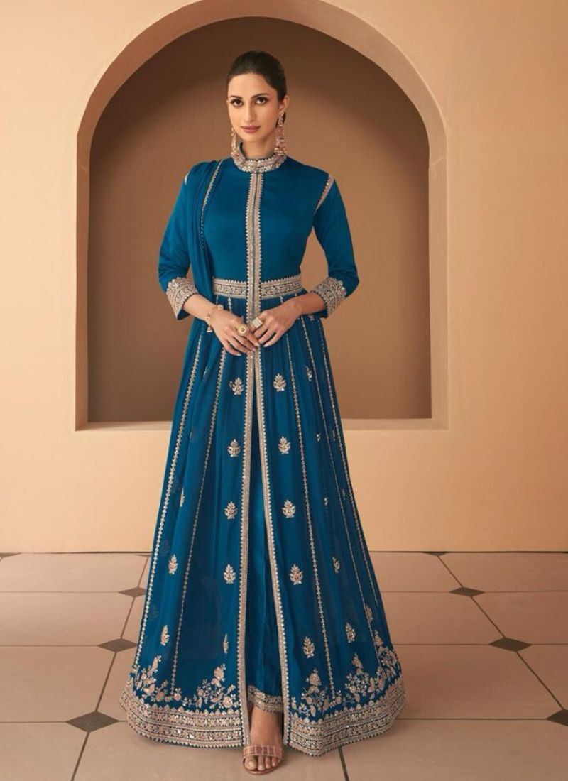 Designer Premium Georgette Gown In Blue
