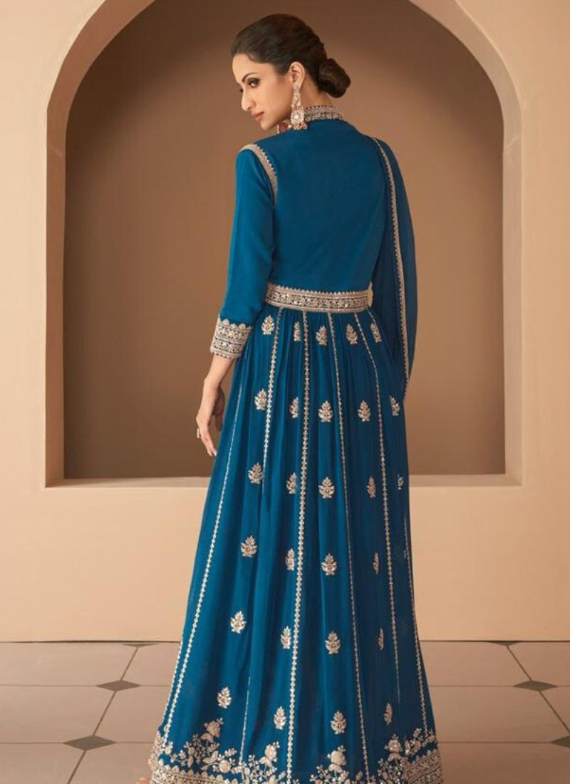 Designer Premium Georgette Gown In Blue