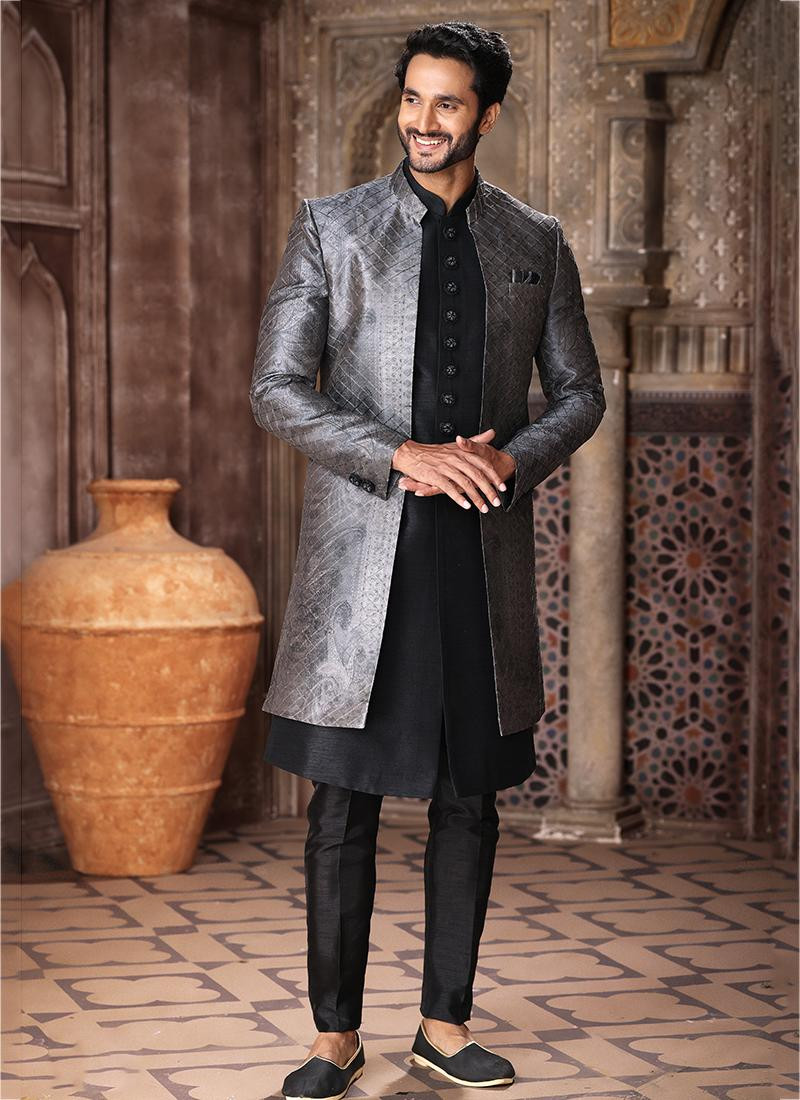 Jacquard Silk Indo Western Sherwani In Grey